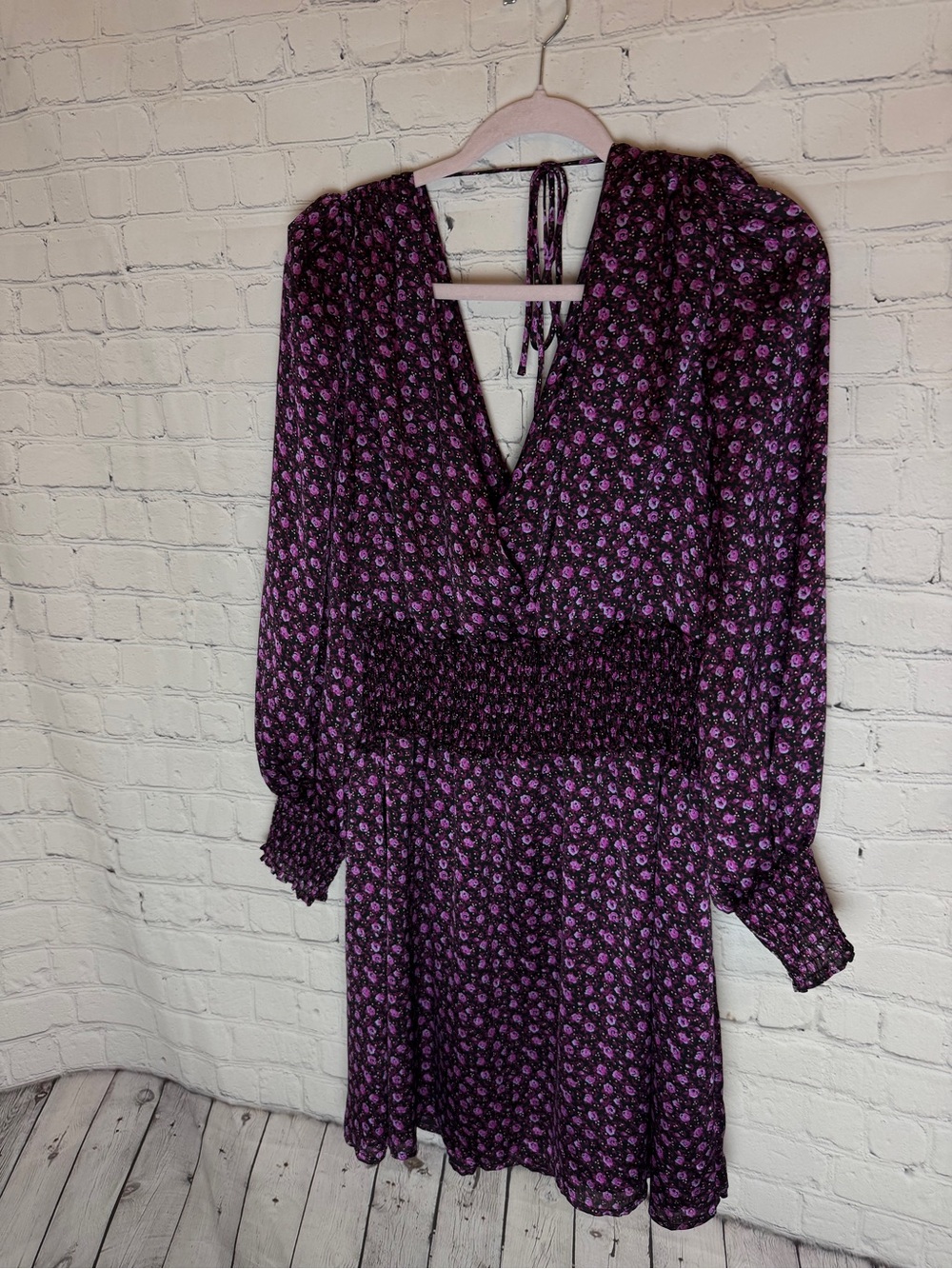 Leyden Purple Floral Long Sleeve Smocked Waist Dress XL NWT